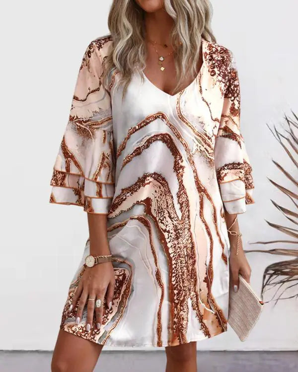 Marble Print Bell Sleeve Casual Dress