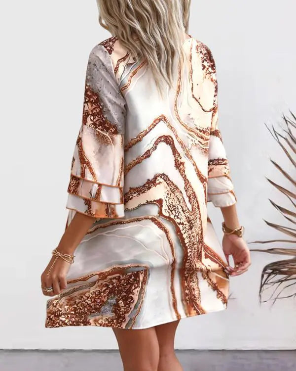 Marble Print Bell Sleeve Casual Dress