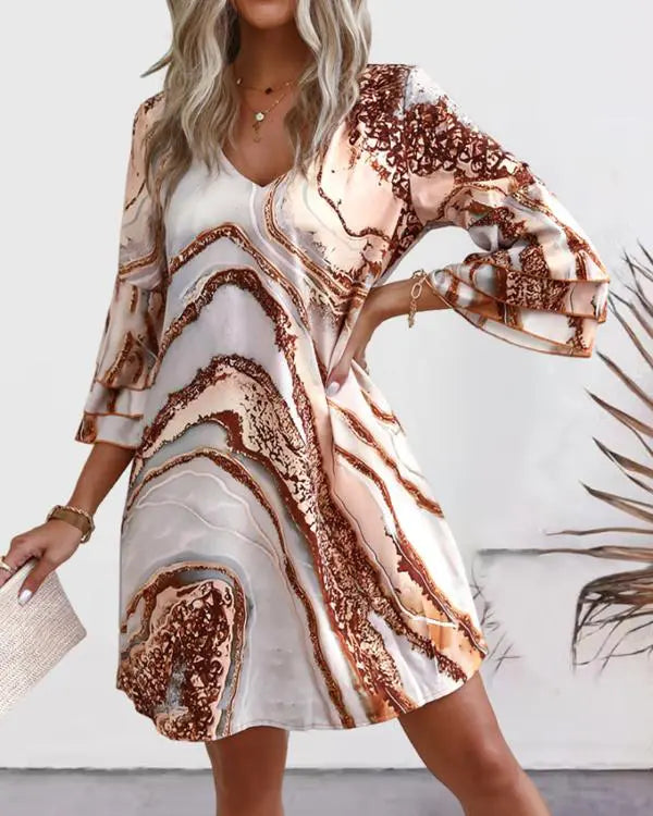 Marble Print Bell Sleeve Casual Dress