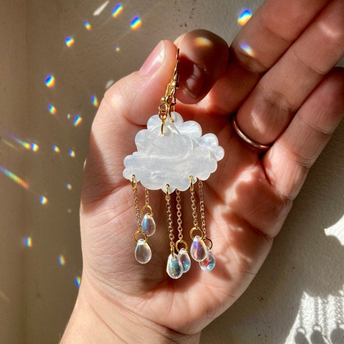 Creative Acrylic Rain Cloud Earrings With Crystal Rain Drop Detail