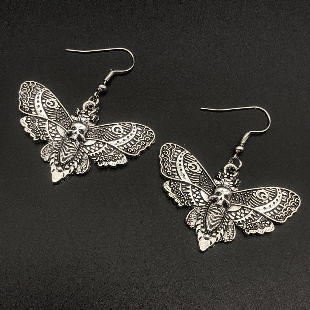 Gothic Silver Skull Moth Earrings