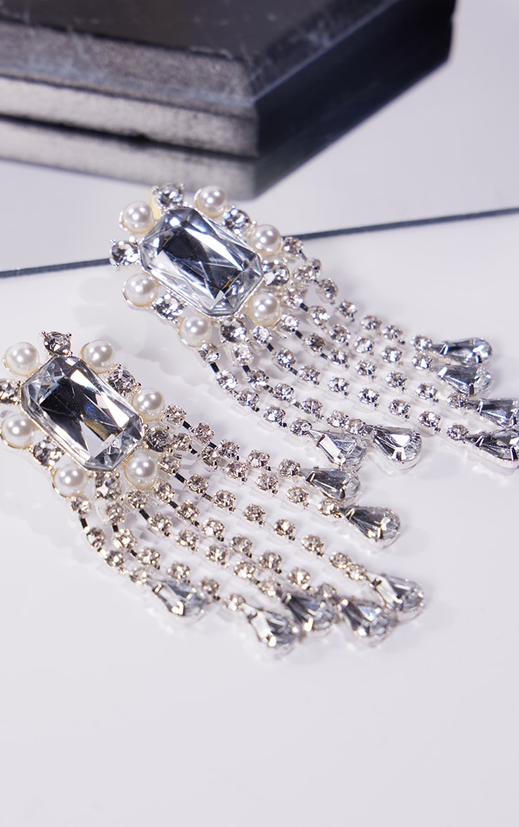 Silver Pearl Diamante Waterfall Jeweled Earrings