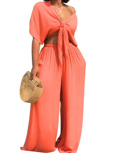 Deep V Neck Top +Wide Leg Trousers Two-piece Set HW5CRDS9CD