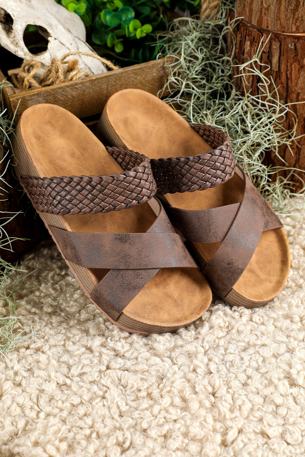 Black Braided Detail Criss Cross Platform Slippers