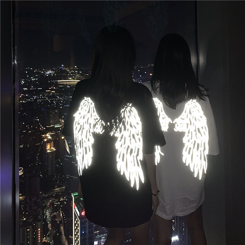 Dark Reflective Angel Wing Short Sleeved Oversized Graphic Printed Tee Shirt