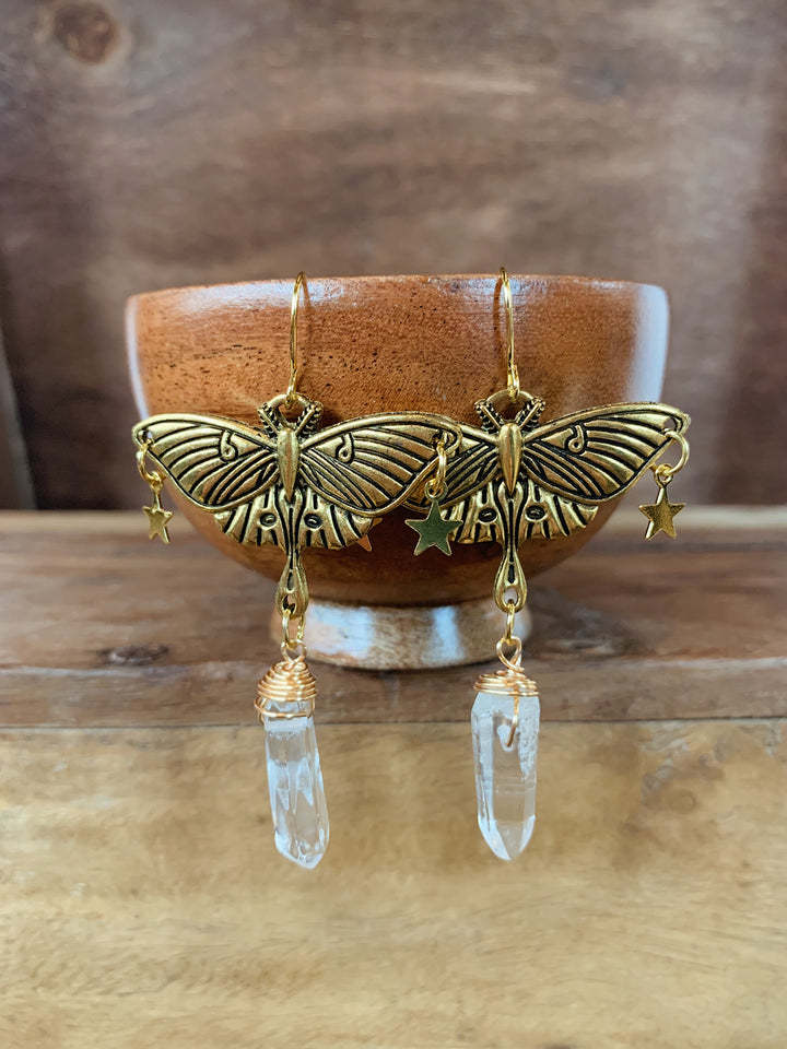 Gold Moth And Quartz Hanging Celestial Moonstone Drop Statement Earrings