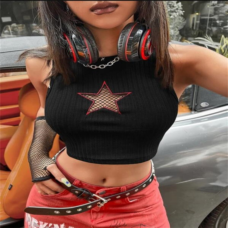 Retro Sweater Vest Style Star Cut Out Ribbed Sexy Crop Top For Women