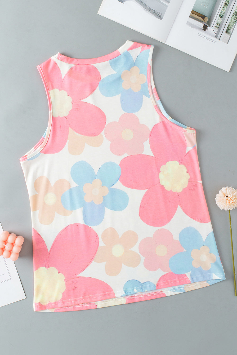 Pink Floral Print Sleeveless Top | Round Neck Women’s Blouse