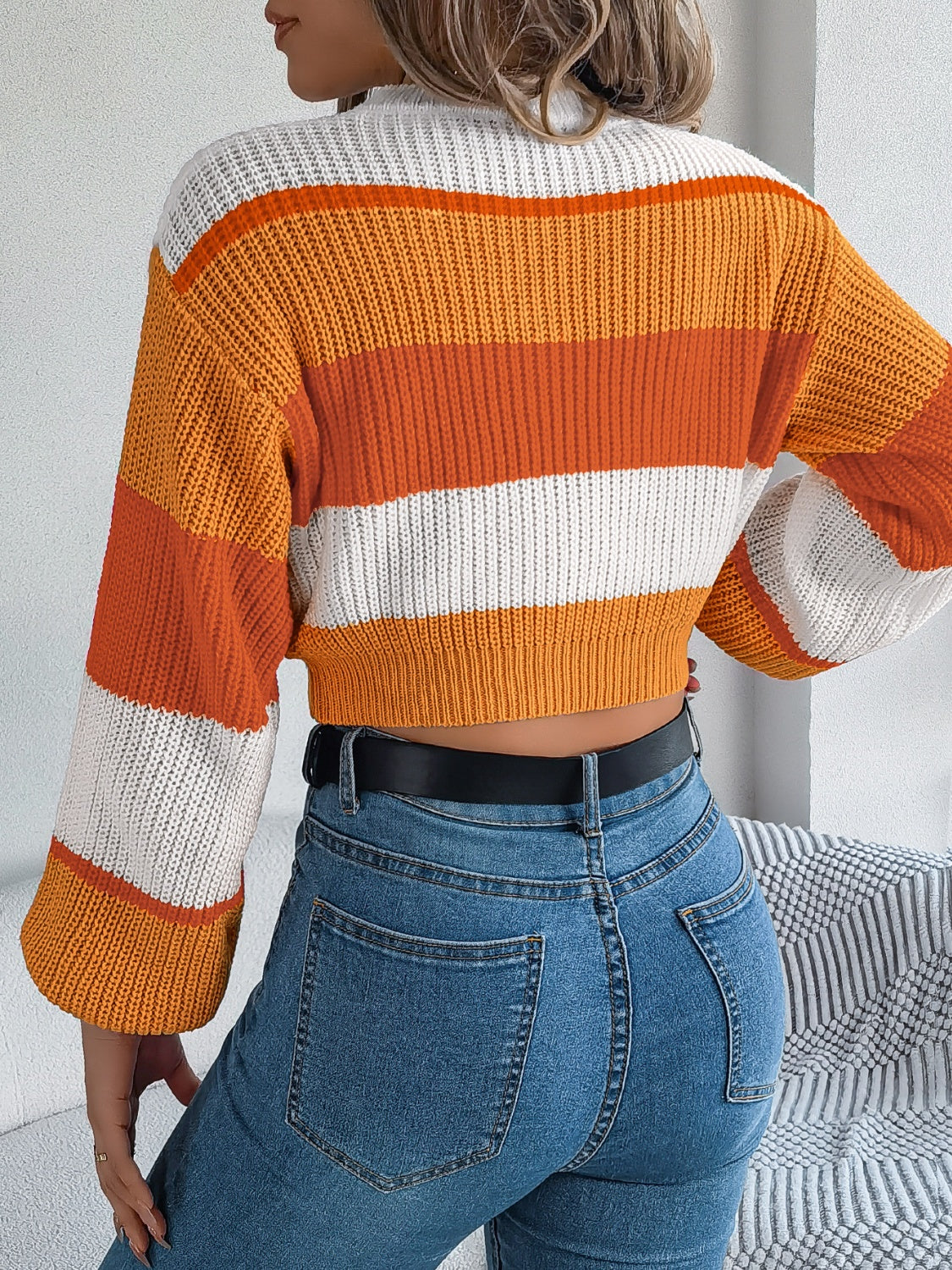 Striped Color Block Round Neck Cropped Sweater