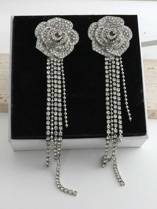 Flower Shape Rhine Stones Tasseled Drop Earrings