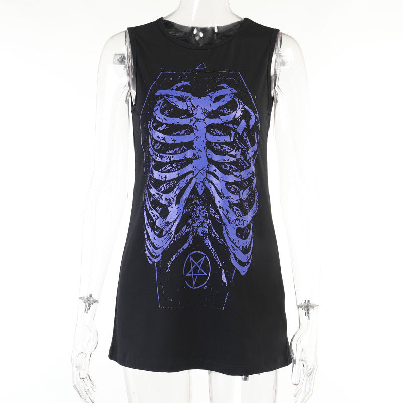 Punk Style Skeleton Ribcage Purple Printed Flowy Tunic Sleeveless Graphic Print Tank Top