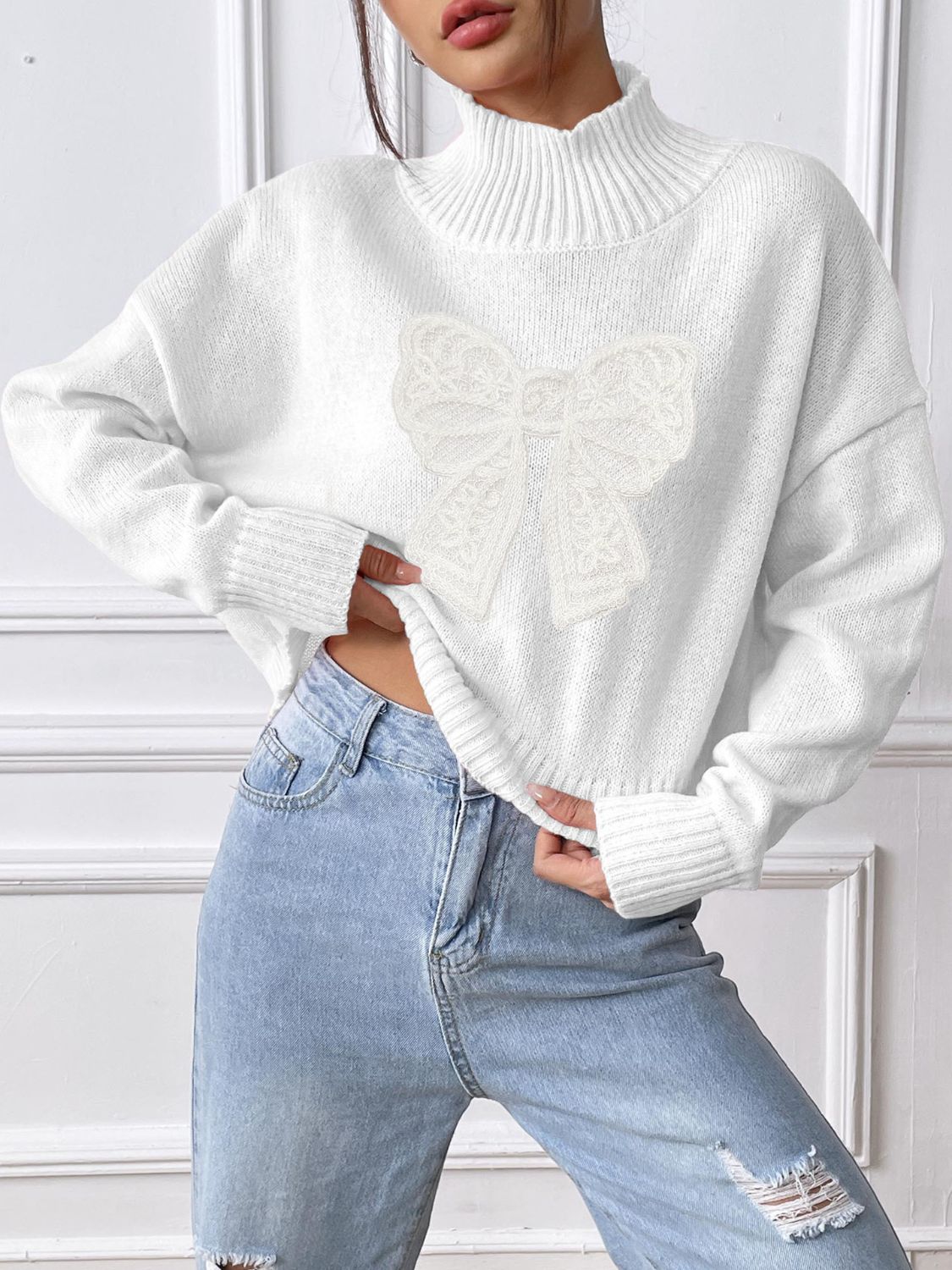 Lace Bow Turtleneck Long Sleeve Sweater