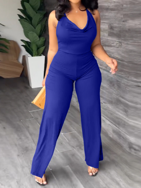 V-Pile Tie - Up Backless Casual Wide-Leg Jumpsuit
 HWUBKQ2MHQ