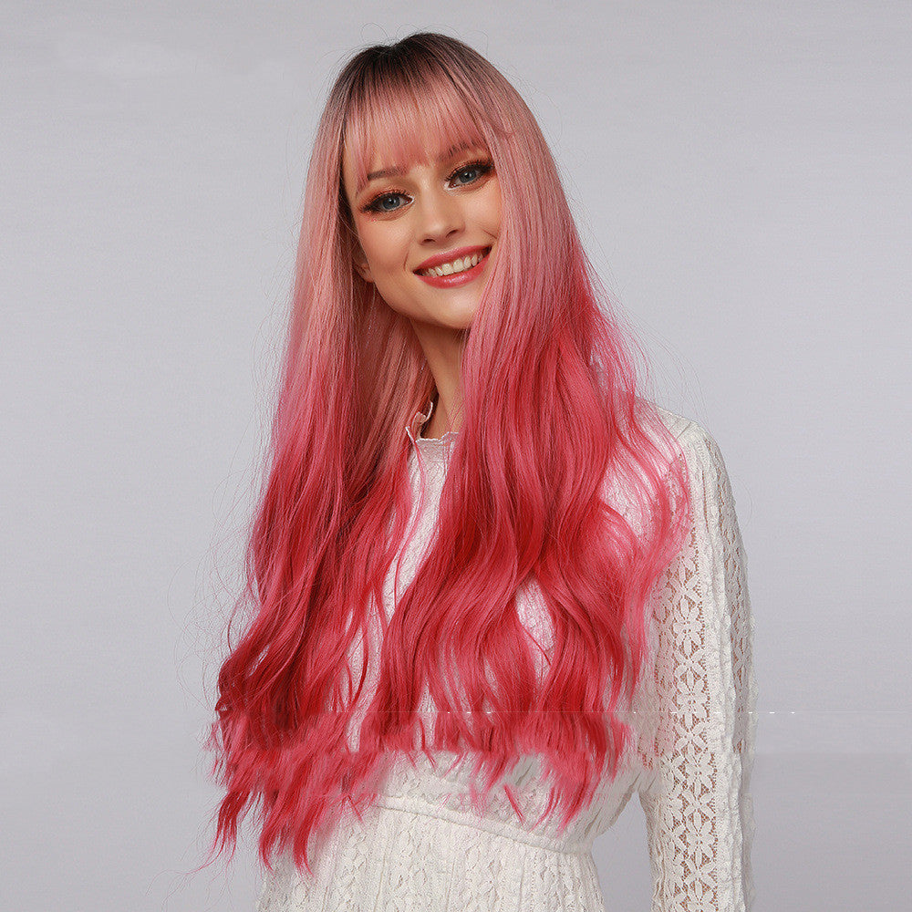 Synthetic Low Wave Long Wig With Straight Bangs Rose Gold to Rose Red Gradient