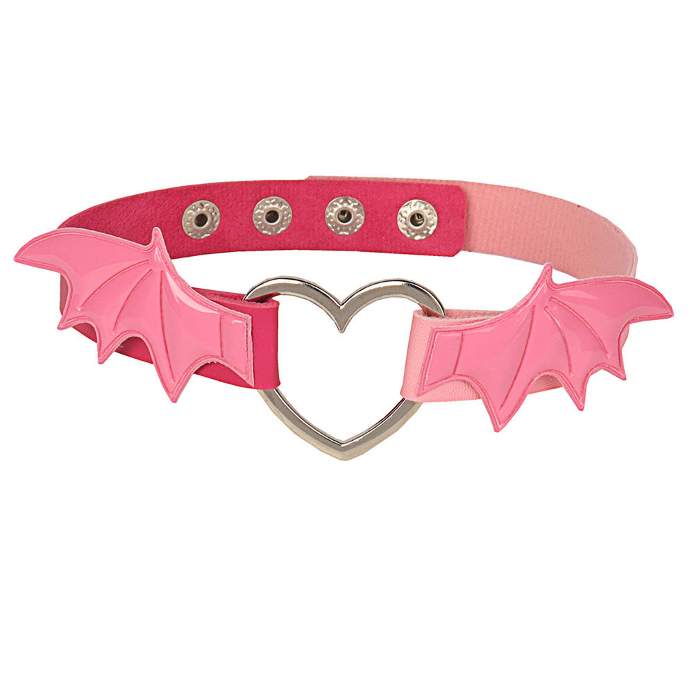 Dark Love Metal Heart Bat Wing Leather Collar Goth Choker Necklace