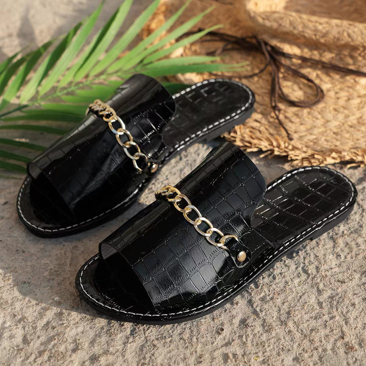 Chain Detail Alligator Pattern Flat Slide Slip On Summer Sandals