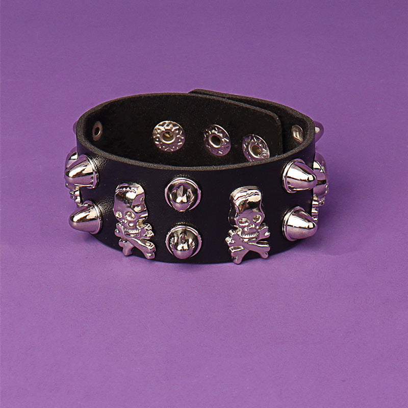 Punk Gothic Skull Rivet PU Snap Bracelet