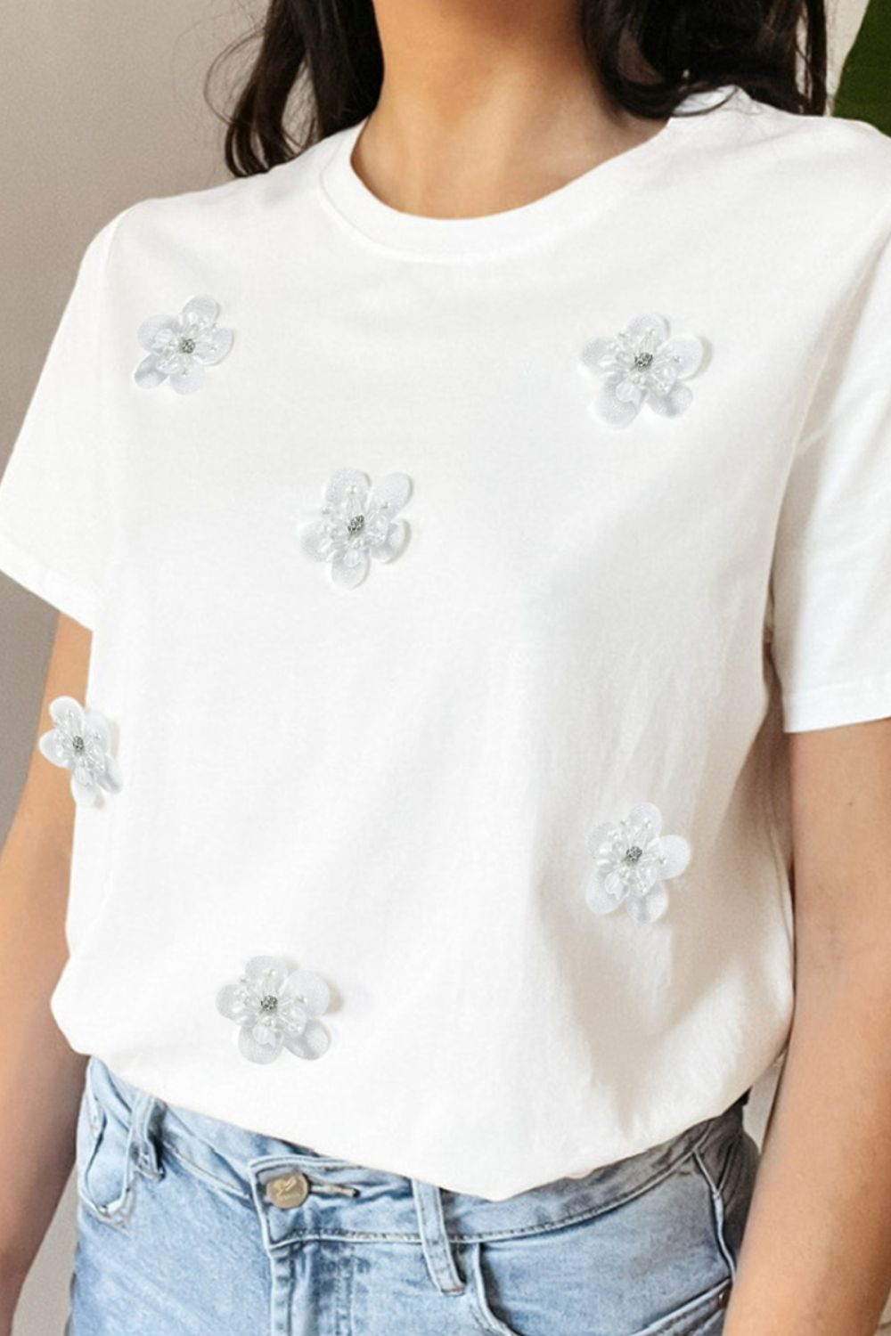 Flower Round Neck Short Sleeve T-Shirt