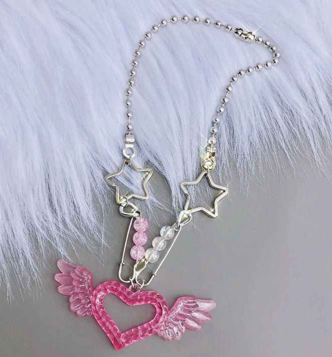 Pink Glitter Dual Pin and Pendant Necklace Harajuku Style