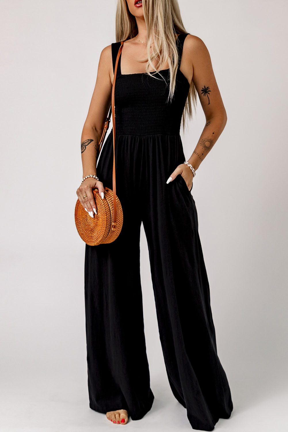 Black Smocked Square Neck Long Sleeve Wide Leg Jumpsuit