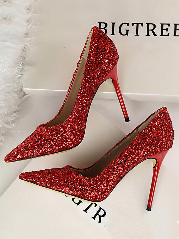 Pointed-Toe Sequined Shallow Cut Pumps