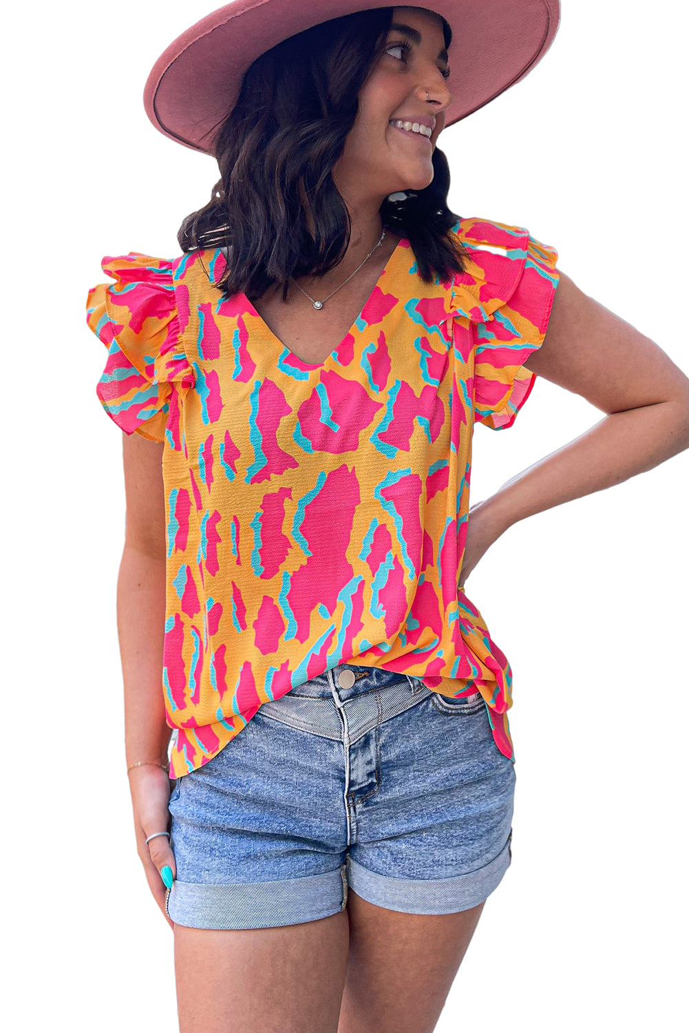 Orange Colorblock Abstract Print V Neck Ruffled Sleeve Blouse