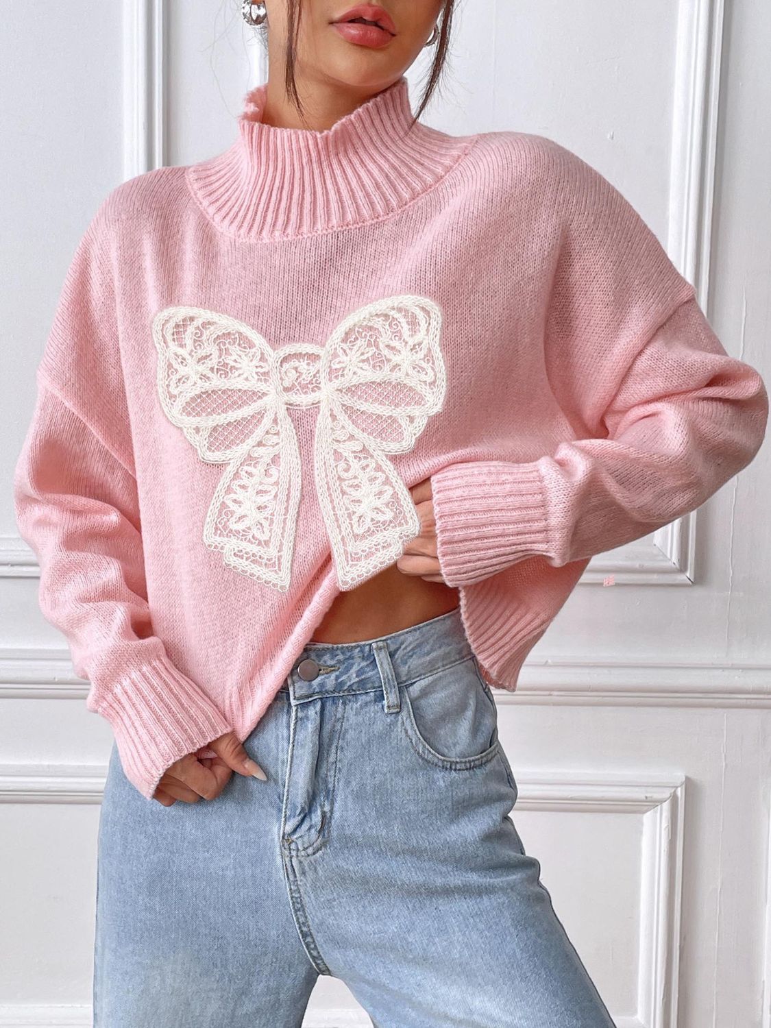 Lace Bow Turtleneck Long Sleeve Sweater