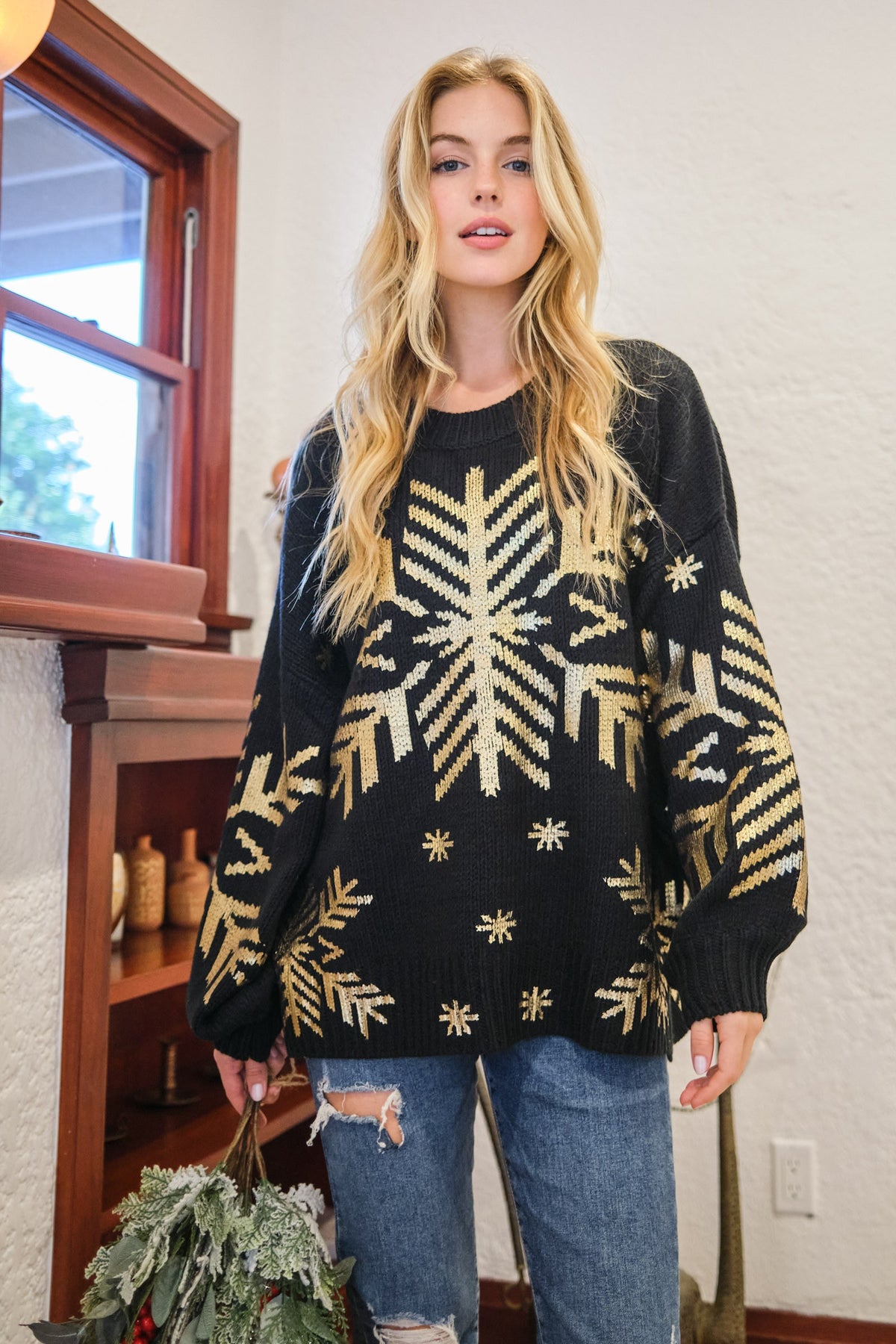 And The Why Foil Snowflake Round Neck Sweater