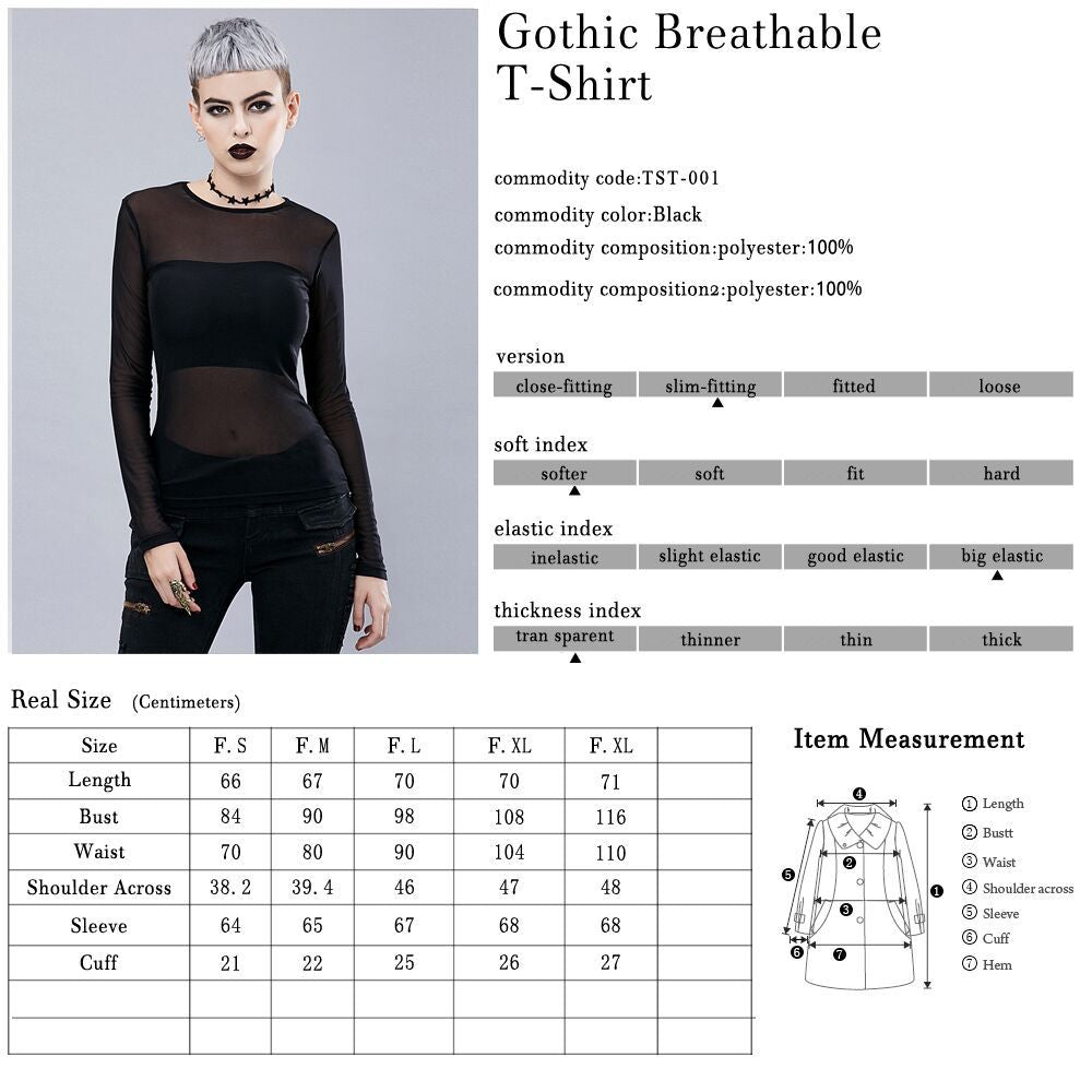 Punk See-through Mesh Hollow-out Breathable Inner Wear Solid Color Long Sleeve T-shirt