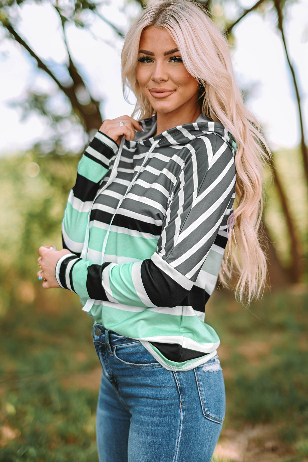 Multicolor Striped Drawstring Pullover Hoodie