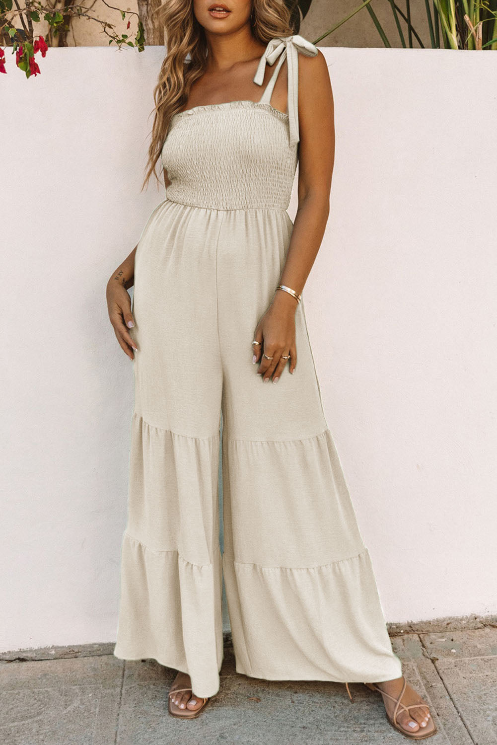 Apricot Tie Straps Shirred Casual Tiered Wide Leg Jumpsuit