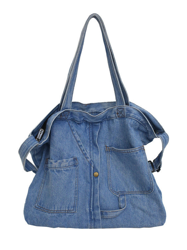 Casual Denim Split-Joint Solid Color Tote Style Handbag