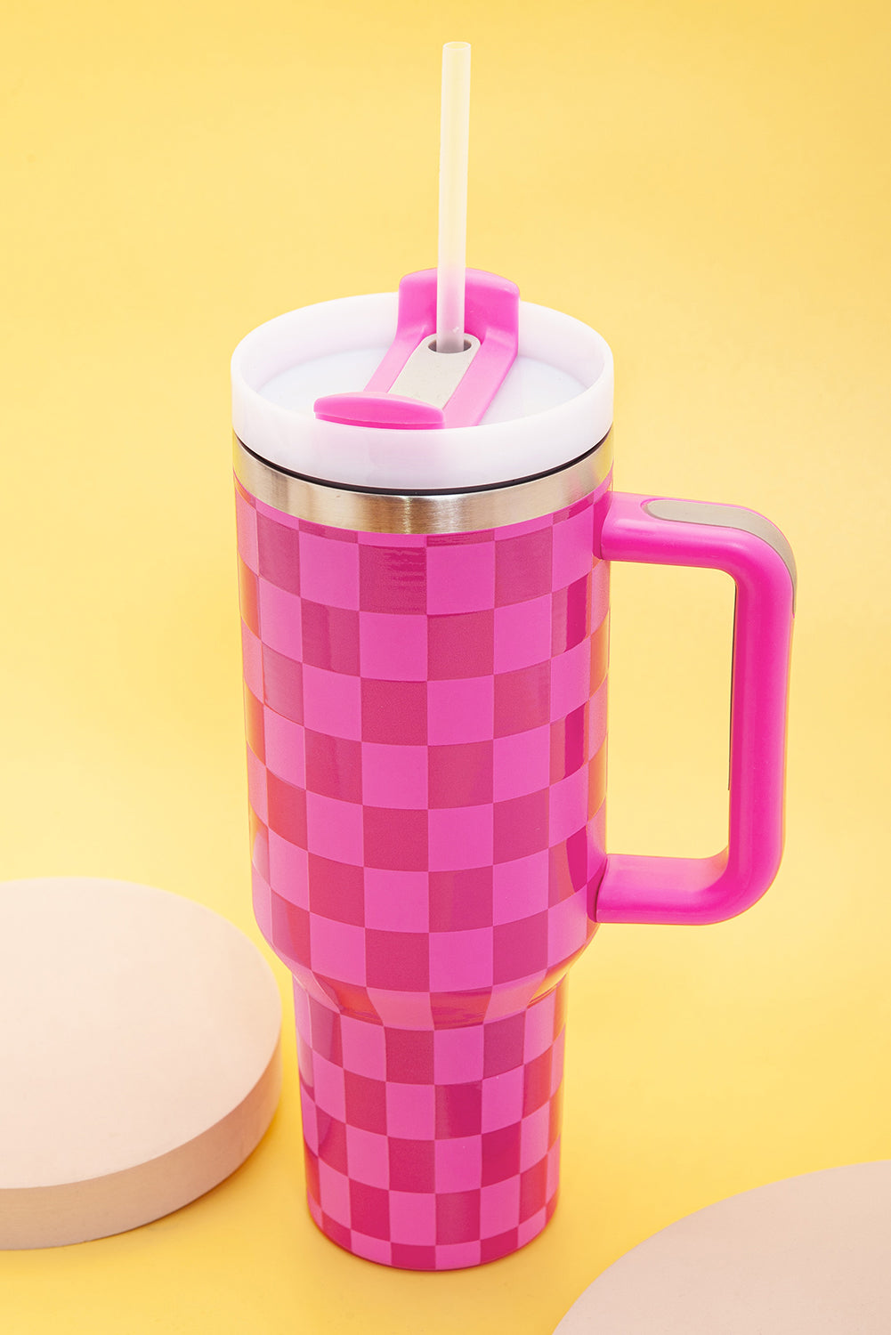 Black Pink Checkered Print Handled Stainless Steel Tumbler Cup