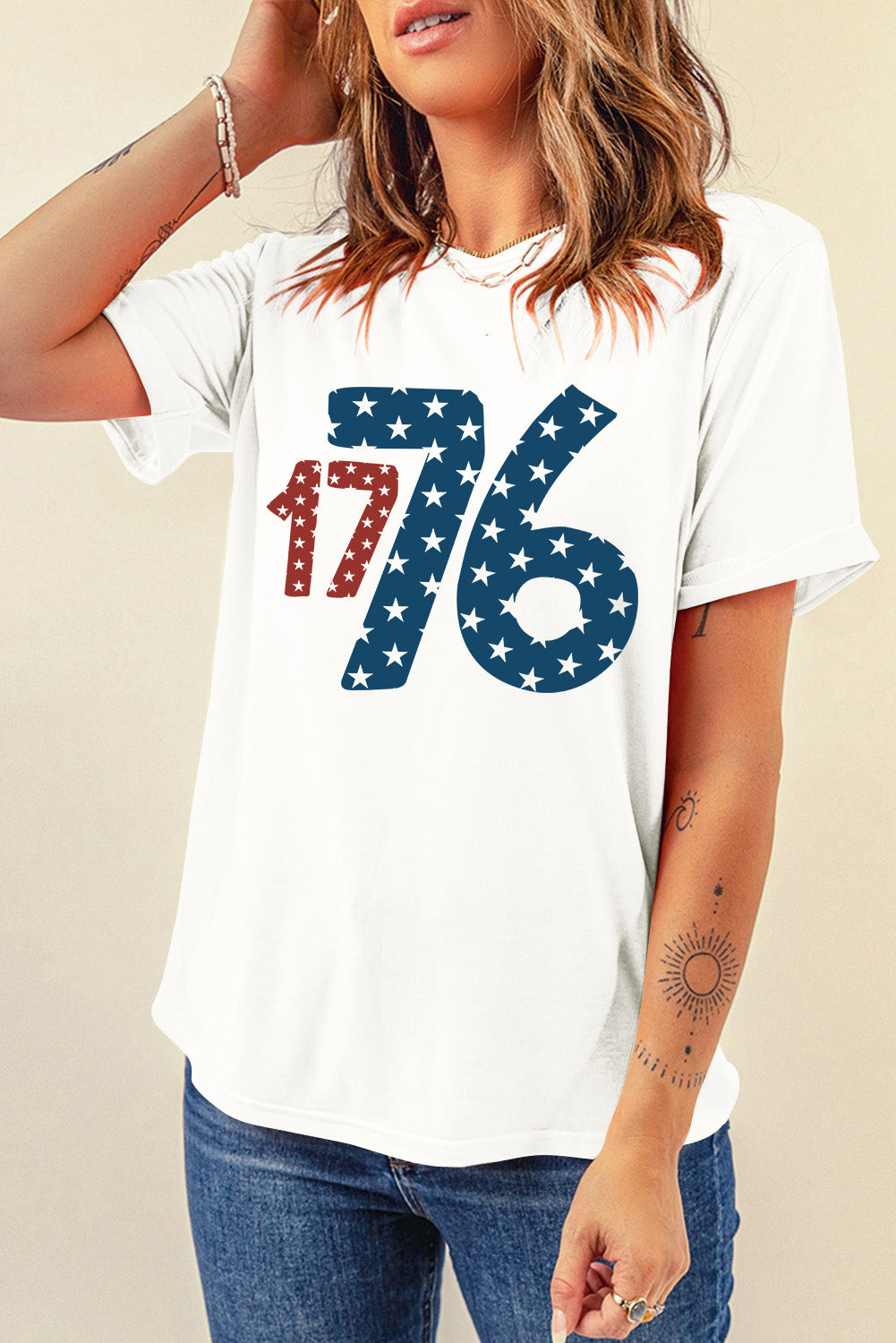 White Flag Day Star 1776 Graphic Crew Neck T Shirt