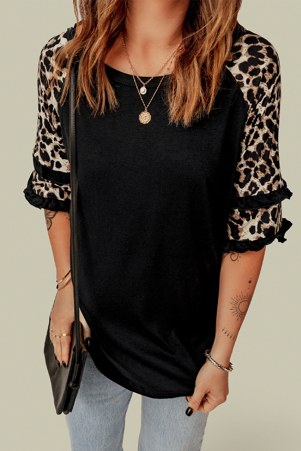 Black Casual Ruffled Leopard Sleeve Patchwork T-Shirt