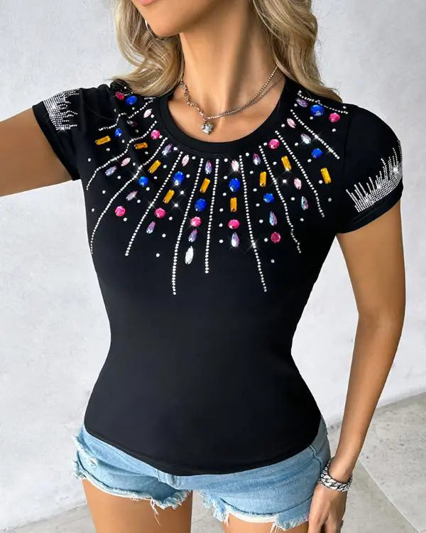 Rhinestone Colorful Crystal Stone Decor T-Shirt