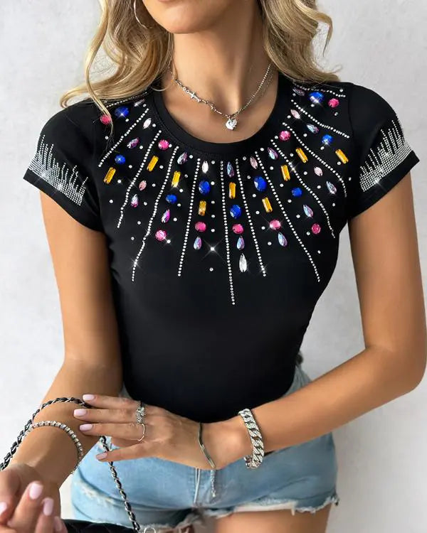 Rhinestone Colorful Crystal Stone Decor T-Shirt