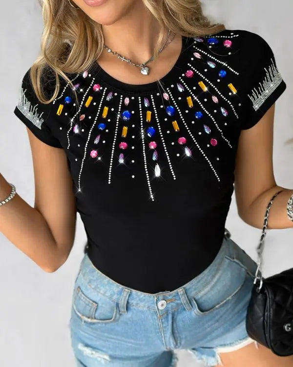 Rhinestone Colorful Crystal Stone Decor T-Shirt