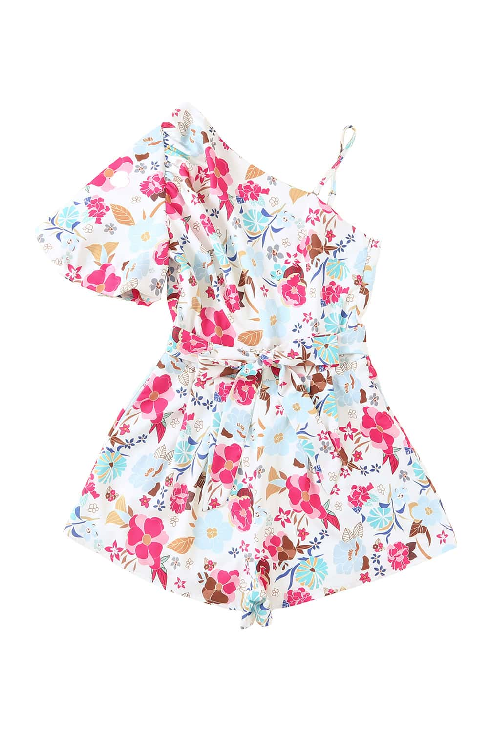 White Floral Single Bubble Sleeve Slant Shoulder Boho Romper