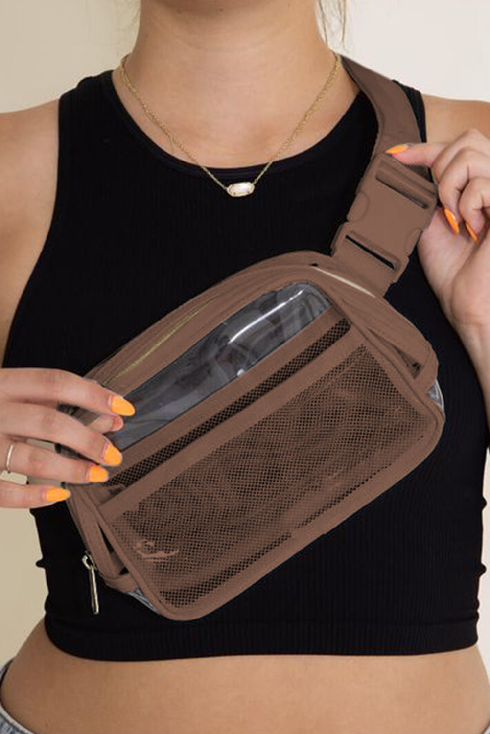 Dark Grey Adjustable Straps Zipper Clear Waist Bag