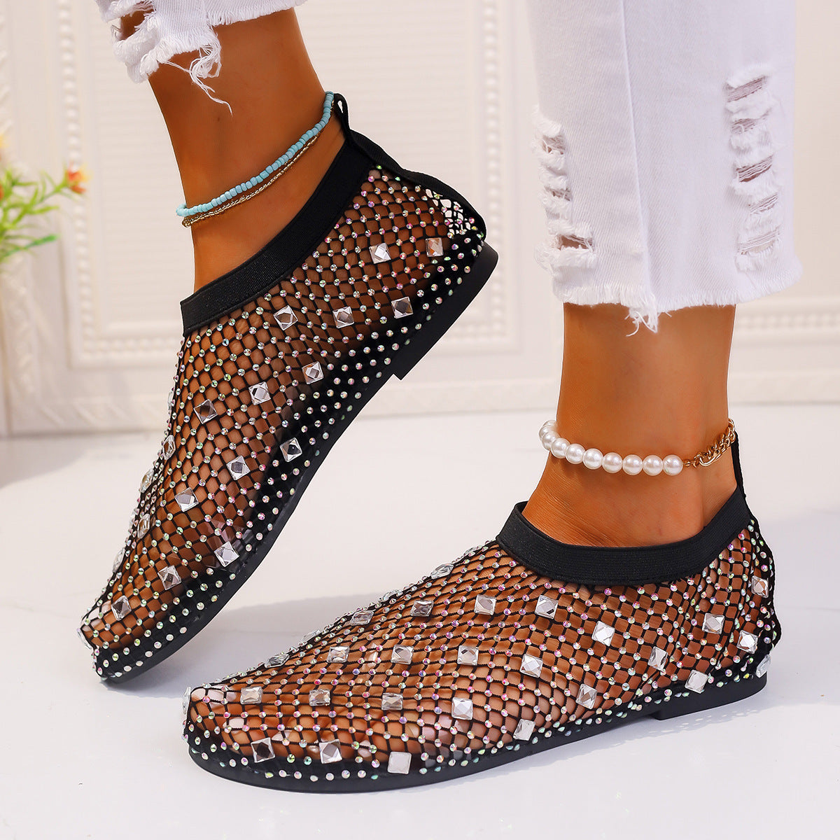 Fashion Mesh Flat Sandals With Colorful Rhinestone Design Round Toe Beach Shoes