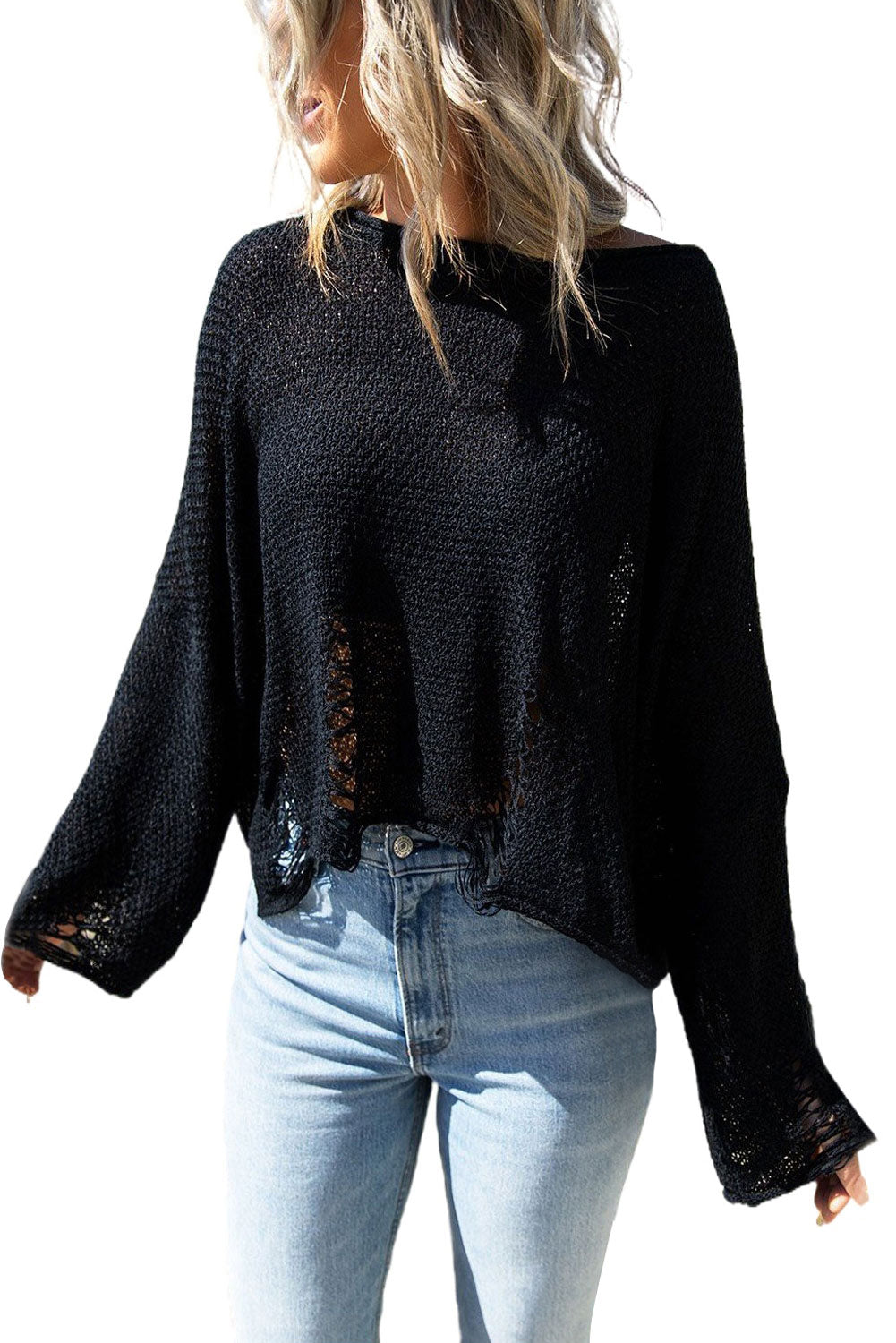 Black Casual Distressed Ripped Crop Knit Sweater