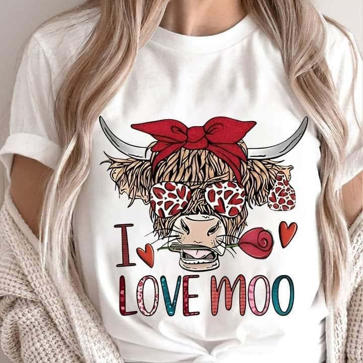 I Love Moo Western Style Cute Cow Graphic Print Short Sleeve Tee Shirt