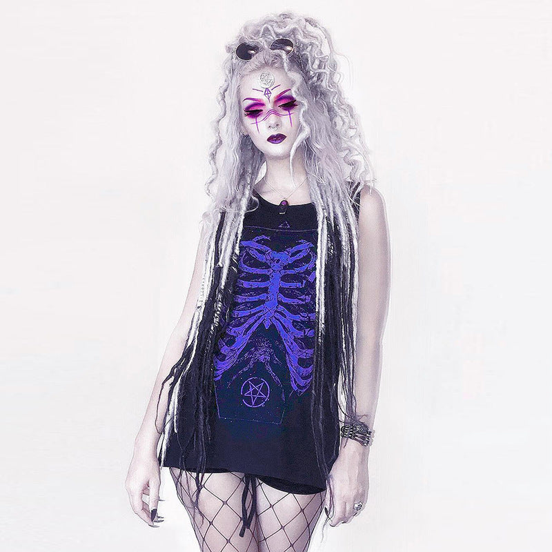 Punk Style Skeleton Ribcage Purple Printed Flowy Tunic Sleeveless Graphic Print Tank Top