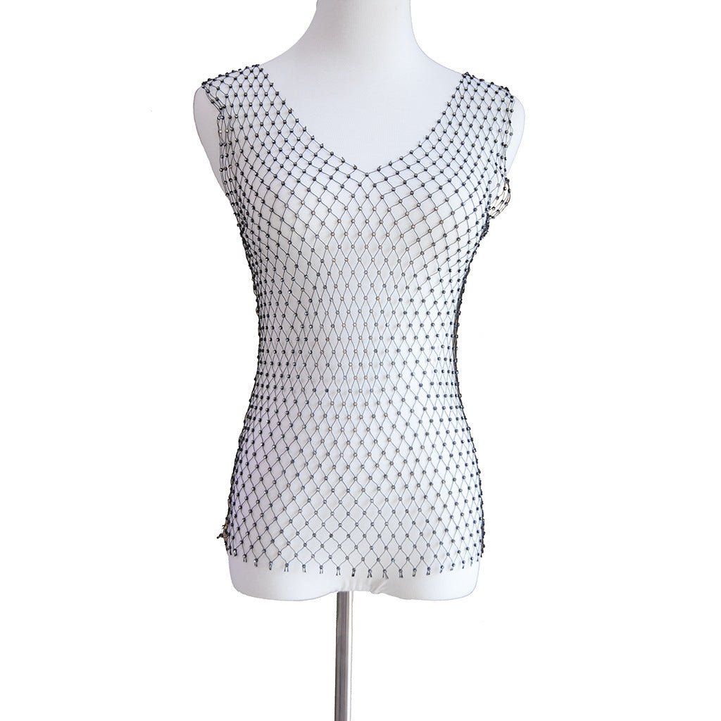 Mesh Chainmail Look Rhinestone Studded Fishnet Tank Top Sexy Sheer Festival Fashion