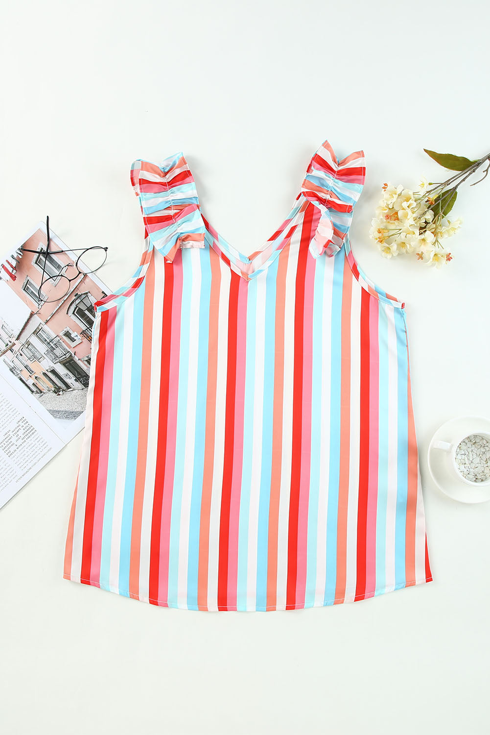 Multicolor Striped V Neck Ruffle Straps Sleeveless Shirt