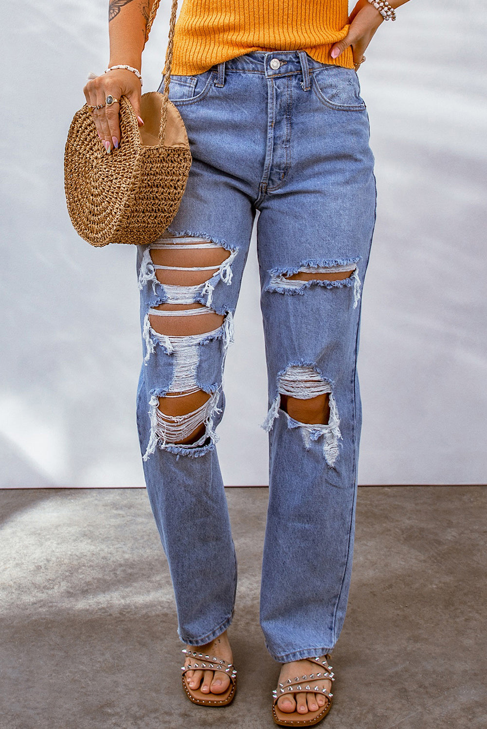 Sky Blue Heavy Destroyed Big Hole Boyfriend Jeans