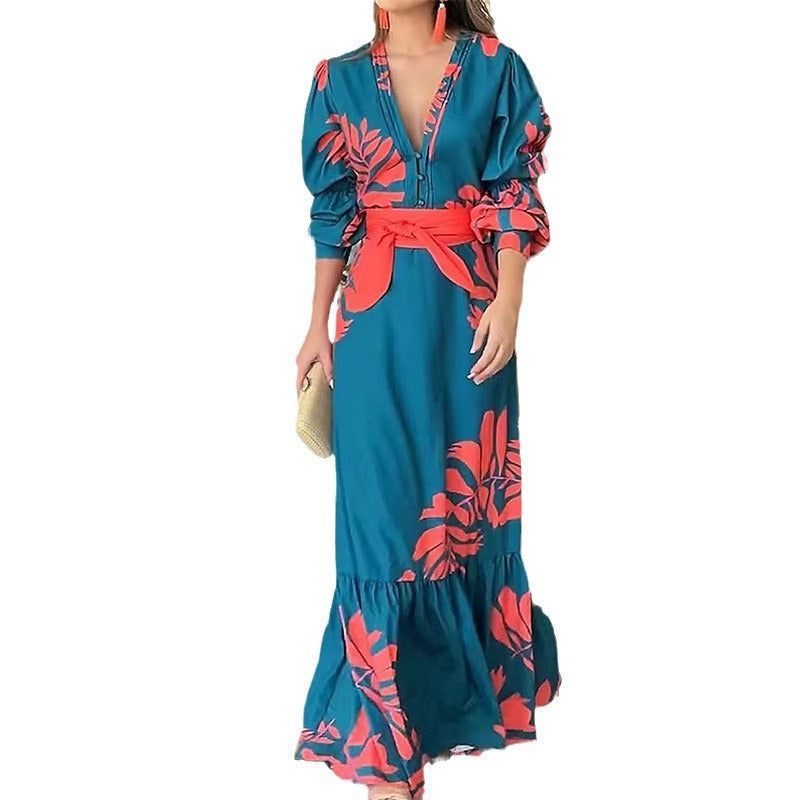 Teal And Salmon Floral Printed Bohemian Style Fashion Printed Long Sleeve Dress