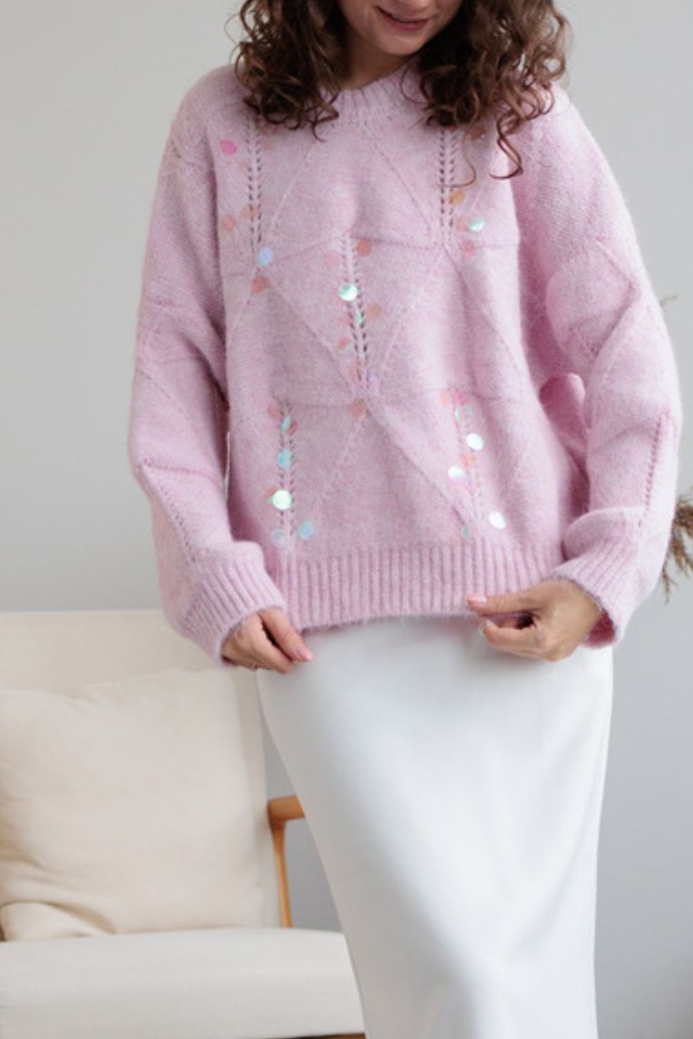 Sequin Round Neck Long Sleeve Sweater