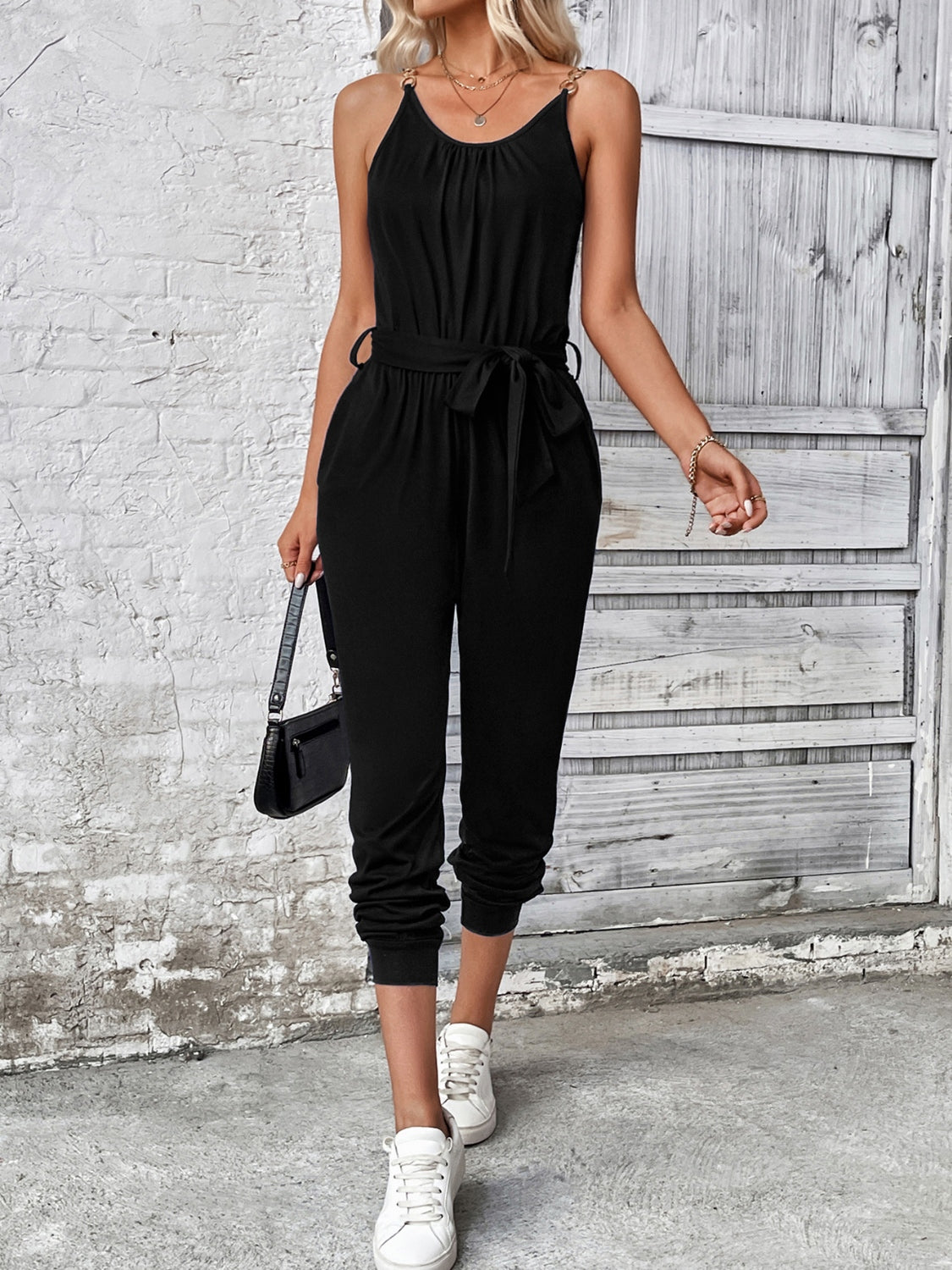 Scoop Neck Tie Waist Jumpsuit